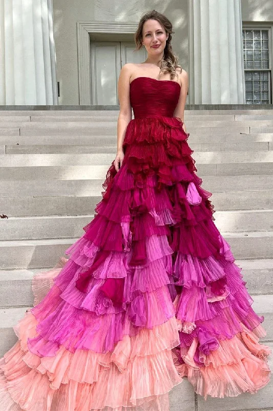 Magenta Ombre Strapless Ruffle Tiered Long Prom Dress