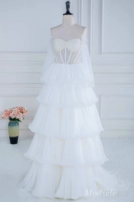 White Beaded Strapless Ruffle Tiered Long Prom Dress