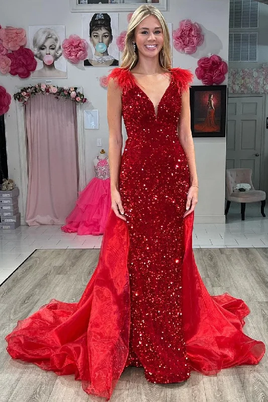 Red Sequin Plunge V Mermaid Long Dress with Attached Train