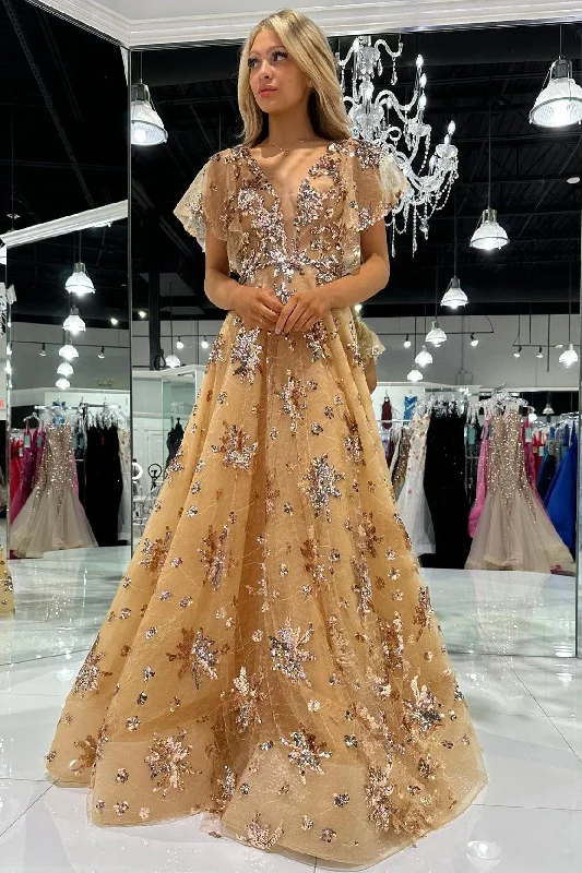 Gold Tulle Sequin Appliques Flutter Sleeve Long Prom Dress