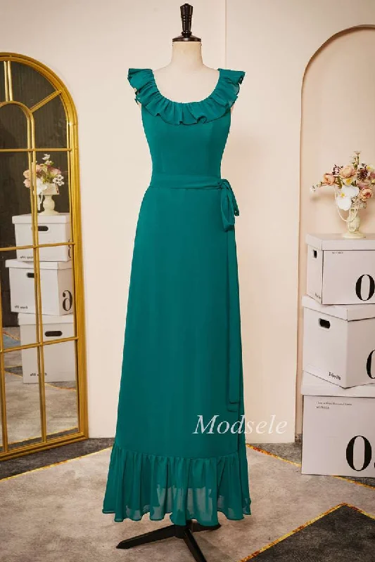 Emerald Chiffon Sleeveless Ruffle Long Dress with Belt