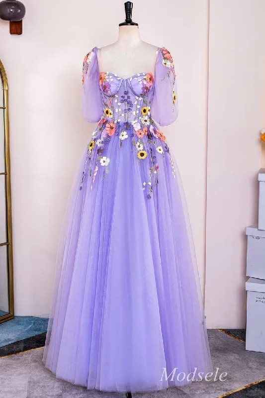 Lavender Floral Appliques Sweetheart A-Line Long Prom Dress