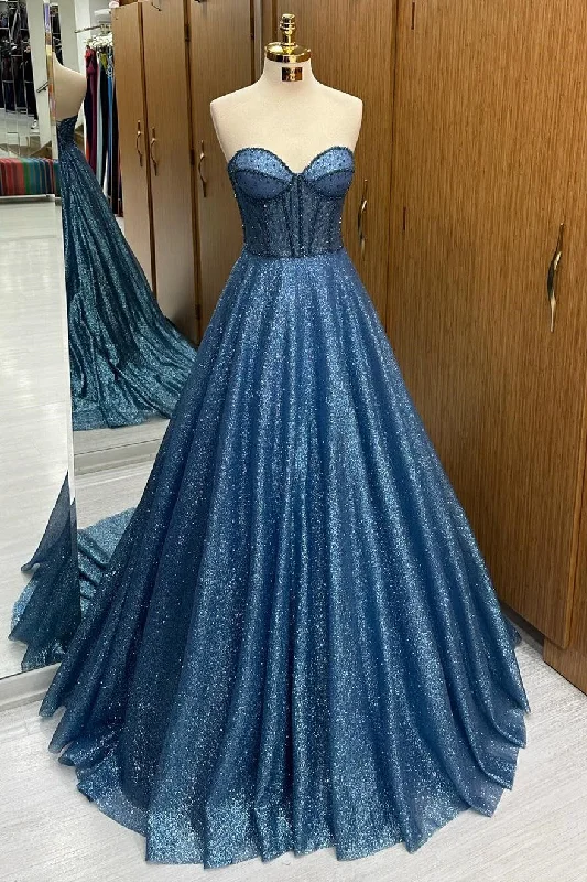 Navy Blue Sequin Beaded Sweetheart A-Line Long Prom Dress