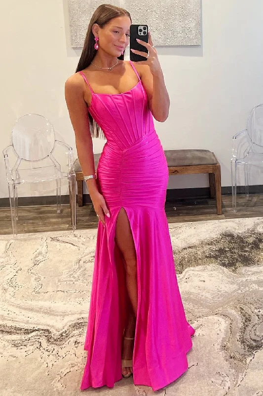 Hot Pink Scoop Neck Spaghetti Strap Long Prom Dress