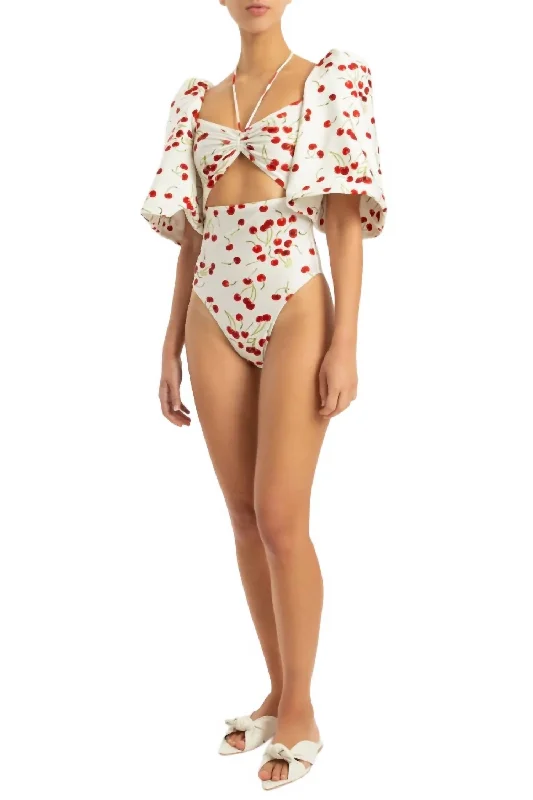 Cherry Bomb Puff-Sleeved Swimsuit In Off White