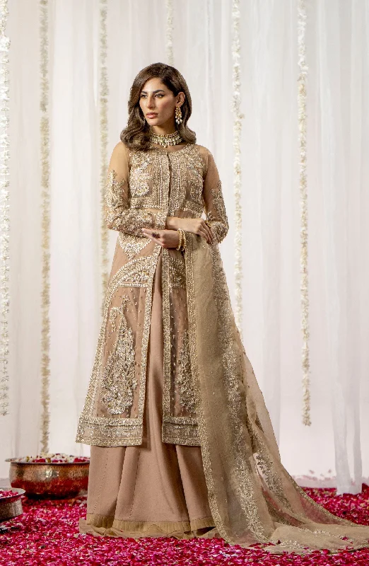 Luxury Beige Embroidered Pakistani Wedding Dress Gown Style Pishwas