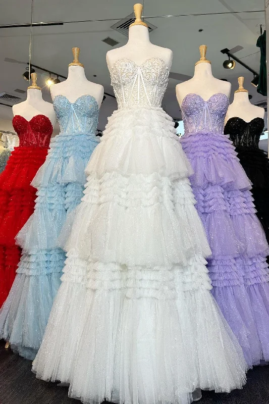 Strapless Tulle Sweetheart Tiered A-Line Long Prom Dress with Ruffles