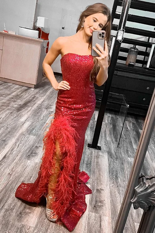 Red Sequin Feather Strapless Mermaid Long Prom Dress with Slit