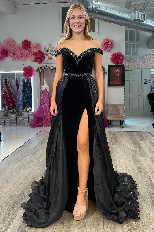 Black Velvet Beaded V-Neck Long Gown with Attached Train