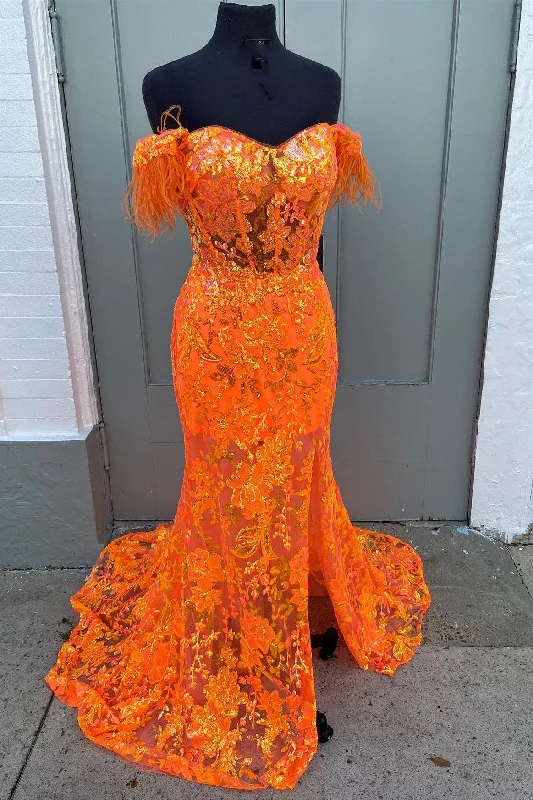 Orange Off-the-Shoulder Sequin Applique Mermaid Long Dress with Slit