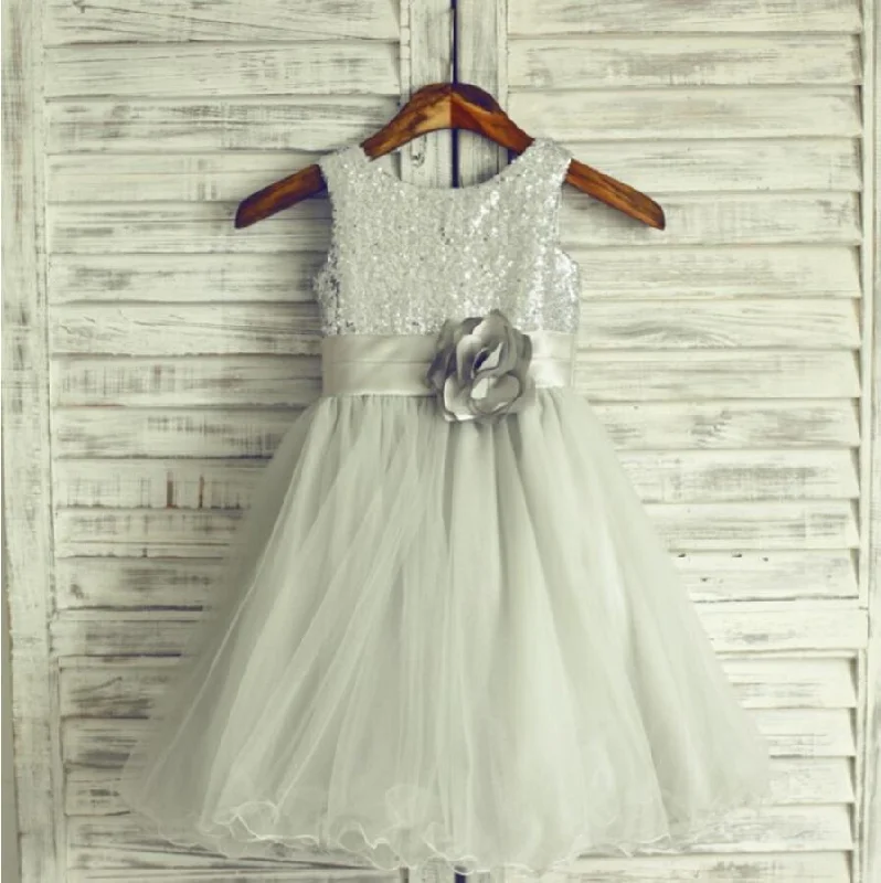 Light Grey Sequin Tulle Pretty Flower Girl Dresses, Weding Little Girl Dresses, FGS018