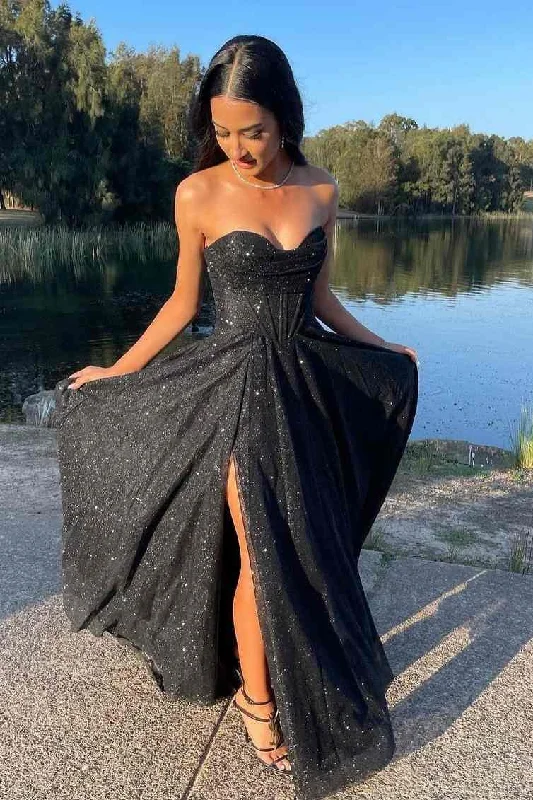 Strapless Sweetheart A-Line Sleeveless Glitter Long Prom Dress with Slit