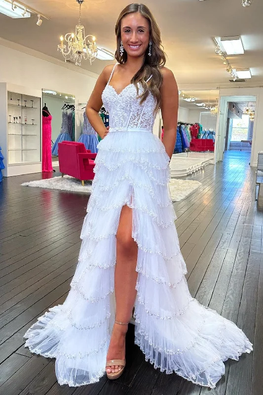 White Lace Beaded Ruffle Tiered Long Prom Dress with Slit