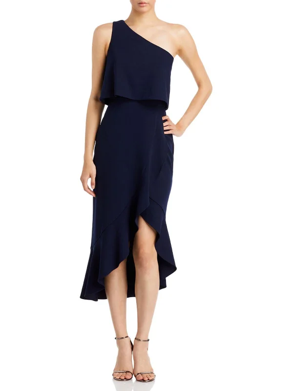 Womens Ruffled Asymmetric Midi Dress