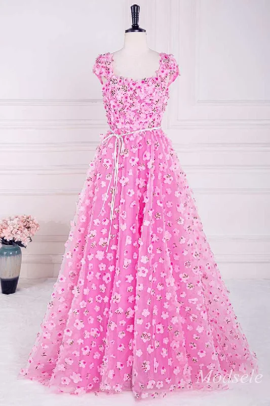 Pink 3D Floral Lace Cap Sleeve A-Line Long Prom Dress with Slit