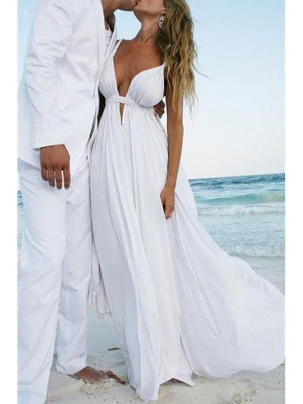 Sexy Spaghetti Strap V-neck A-line Simple Cheap Beach Wedding Dresses, WD309