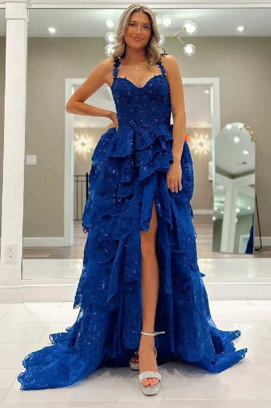 Blue Tulle Sequin Sweetheart Ruffle Tiered Long Gown