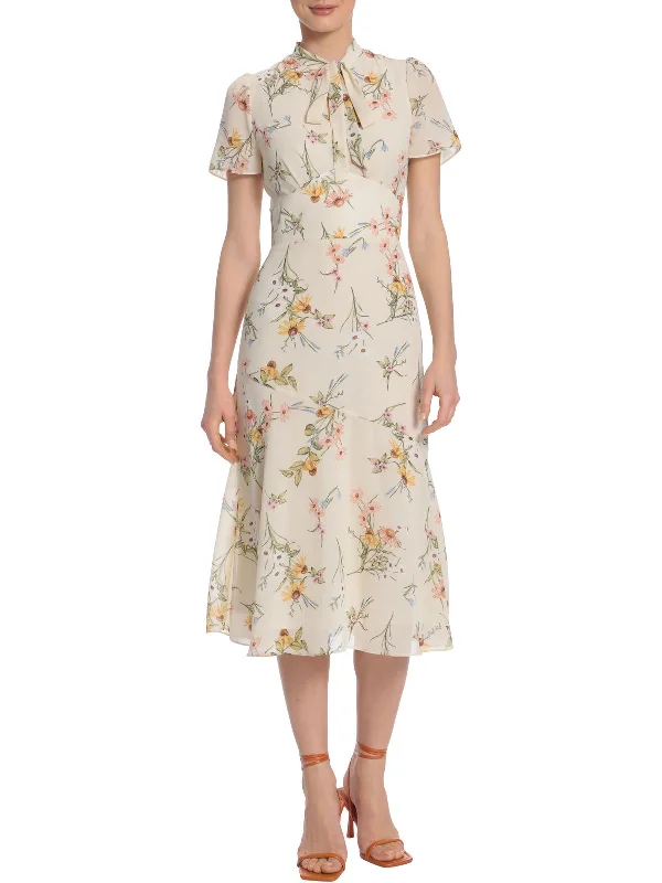 Womens Floral Tie Neck Midi Dress