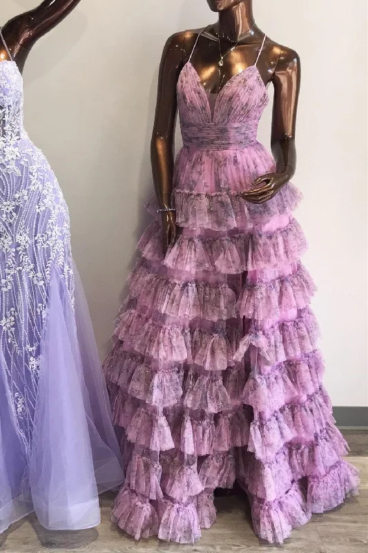 Lilac Print Lace-Up Ruffle Tiered Long Prom Dress