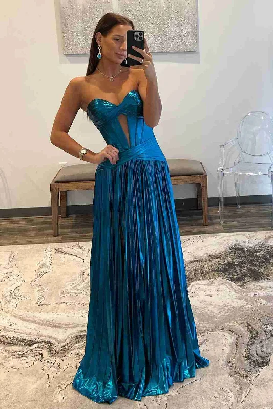 Strapless A-Line Empire-Waist Metallic Pleated Keyhole Long Prom Dress