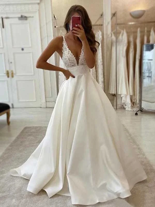 A-line Lace V-Neck Vintage Satin Country Romantic Wedding Dresses WD0378