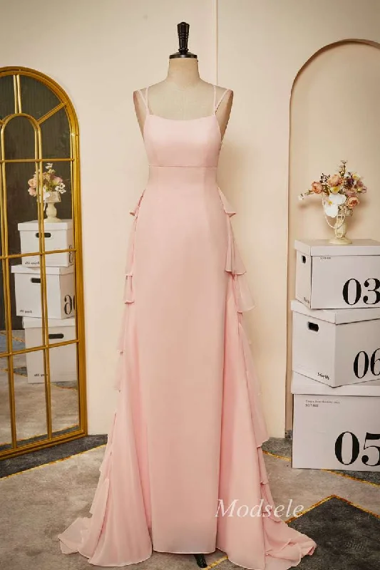 Pink Chiffon Lace-Up Ruffle Tiered Long Prom Dress