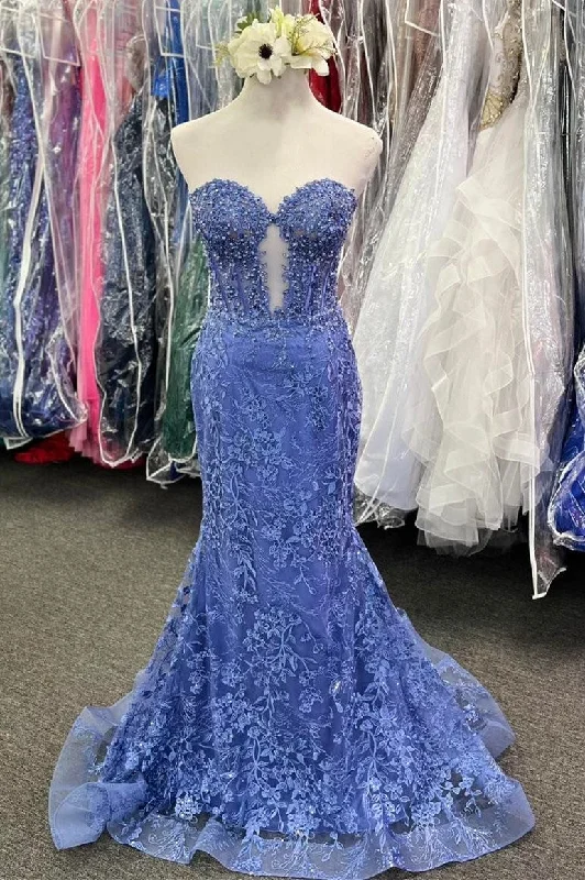 Periwinkle Appliques Sweetheart Keyhole Trumpet Long Prom Dress