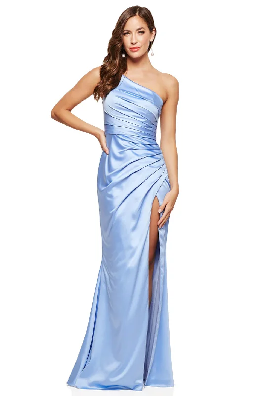 One Shoulder Blue Mermaid Satin Prom Dresses, Long Bridesmaid Dresses, Simple Prom Dresses