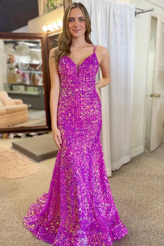 Magenta Sequin Lace-Up Mermaid Long Prom Dress