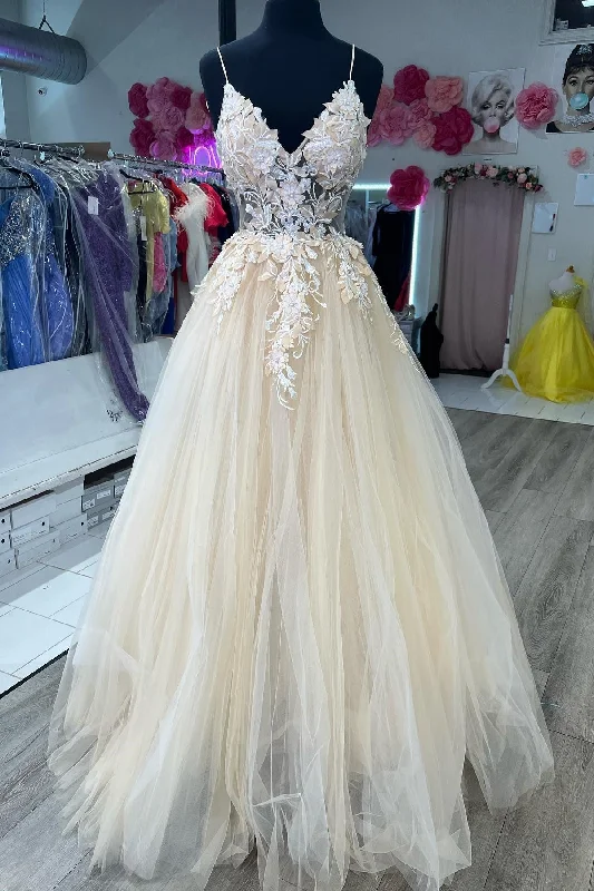 Cream Tulle Appliques Spaghetti Strap A-Line Long Prom Dress