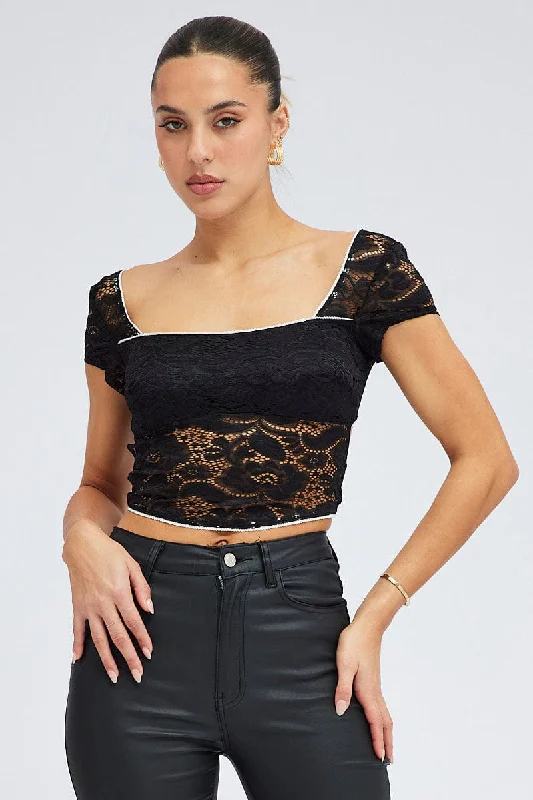 Black Lace Top Cap Sleeve Square Neck Open Back Stretch