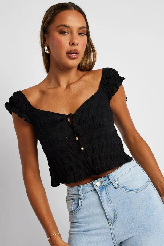 Black Puff Sleeve Top Short Sleeve